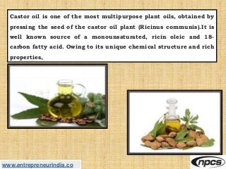 www.entrepreneurindia.co
Castor oil is one of the most multipurpose plant oils, obtained by
pressing the seed of the casto...