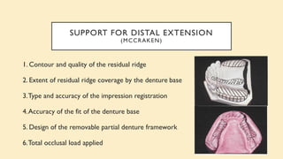 SUPPORT FOR DISTAL EXTENSION
(MCCRAKEN)
1. Contour and quality of the residual ridge
2. Extent of residual ridge coverage by the denture base
3.Type and accuracy of the impression registration
4.Accuracy of the fit of the denture base
5. Design of the removable partial denture framework
6.Total occlusal load applied
 
