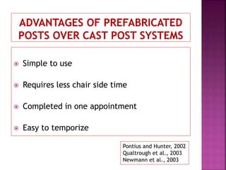  Simple to use
 Requires less chair side time
 Completed in one appointment
 Easy to temporize
Pontius and Hunter, 2002
Qualtrough et al., 2003
Newmann et al., 2003
 