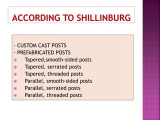 - CUSTOM CAST POSTS
- PREFABRICATED POSTS
 Tapered,smooth-sided posts
 Tapered, serrated posts
 Tapered, threaded posts
 Parallel, smooth-sided posts
 Parallel, serrated posts
 Parallel, threaded posts
 