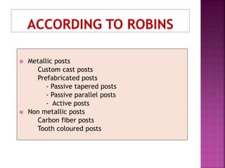  Metallic posts
Custom cast posts
Prefabricated posts
- Passive tapered posts
- Passive parallel posts
- Active posts
 Non metallic posts
Carbon fiber posts
Tooth coloured posts
 