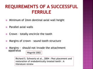  Minimum of 2mm dentinal axial wall height
 Parallel axial walls
 Crown – totally encircle the tooth
 Margins of crown – sound tooth structure
 Margins - should not invade the attachment
apparatus
Wagnild 2002
Richard S. Schwartz et al., 2004 : Post placement and
restoration of endodontically treated teeth : A
literature review
 