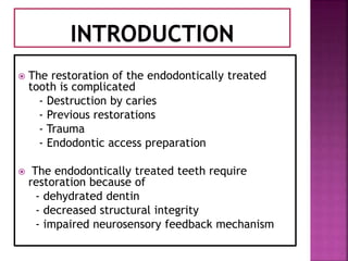  The restoration of the endodontically treated
tooth is complicated
- Destruction by caries
- Previous restorations
- Trauma
- Endodontic access preparation
 The endodontically treated teeth require
restoration because of
- dehydrated dentin
- decreased structural integrity
- impaired neurosensory feedback mechanism
 
