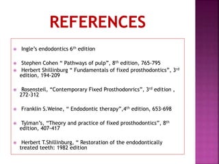  Ingle’s endodontics 6th edition
 Stephen Cohen “ Pathways of pulp”, 8th edition, 765-795
 Herbert Shillinburg “ Fundamentals of fixed prosthodontics”, 3rd
edition, 194-209
 Rosensteil, “Contemporary Fixed Prosthodonrics”, 3rd edition ,
272-312
 Franklin S.Weine, “ Endodontic therapy”,4th edition, 653-698
 Tylman’s, “Theory and practice of fixed prosthodontics”, 8th
edition, 407-417
 Herbert T.Shillinburg, “ Restoration of the endodontically
treated teeth: 1982 edition
 