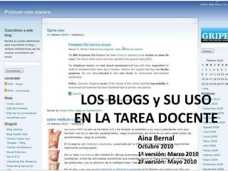 LOS BLOGS y SU USO EN LA TAREA DOCENTE Aina Bernal Octubre 2010 1ª versión: Marzo 2010 2ª versión: Mayo 2010 