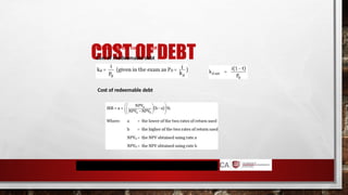 COST OF DEBT
Calculating the cost of debt
Cost of irredeemable debt
Cost of redeemable debt
 