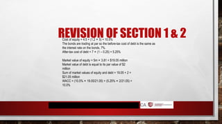 REVISION OF SECTION 1 & 2
Cost of equity = 4.5 + (1.2 × 5) = 10.5%
The bonds are trading at par so the before-tax cost of debt is the same as
the interest rate on the bonds, 7%.
After-tax cost of debt = 7 × (1 – 0.25) = 5.25%
Market value of equity = 5m × 3.81 = $19.05 million
Market value of debt is equal to its par value of $2
million
Sum of market values of equity and debt = 19.05 + 2 =
$21.05 million
WACC = (10.5% × 19.05/21.05) + (5.25% × 2/21.05) =
10.0%
 