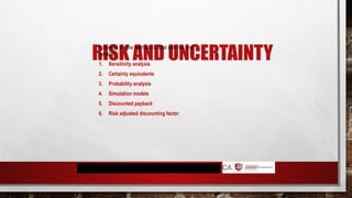 RISK AND UNCERTAINTY
Following are the methods to deal with risk and
certainty
1. Sensitivity analysis
2. Certainty equivalents
3. Probability analysis
4. Simulation models
5. Discounted payback
6. Risk adjusted discounting factor
 