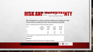 RISK AND UNCERTAINTY
Following are the methods to deal with risk and certainty
1. Sensitivity analysis
NPV could depend on a number of uncertain variables such as selling price, sales
volume, initial cost, operating cash flows, discounting factor and benefits
 