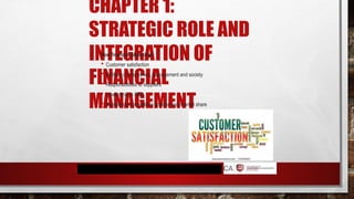 CHAPTER 1:
STRATEGIC ROLE AND
INTEGRATION OF
FINANCIAL
MANAGEMENT
Non financial objectives
 Customer satisfaction
 Welfare of employees, management and society
 Responsibilities to suppliers
 Leadership in R&D
 Maintaining competitive position and market share
 