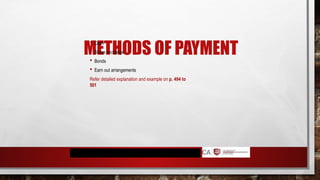 METHODS OF PAYMENT
 Cash
 Share exchange
 Bonds
 Earn out arrangements
Refer detailed explanation and example on p. 494 to
501
 