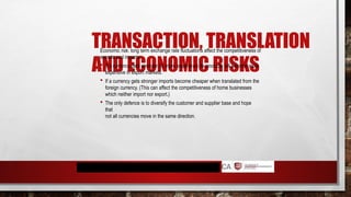 TRANSACTION, TRANSLATION
AND ECONOMIC RISKS
Economic risk: long term exchange rate fluctuations affect the competitiveness of
exports and imports.
 If a currency gets stronger (ie more expensive) its products will become more
expensive in export markets.
 If a currency gets stronger imports become cheaper when translated from the
foreign currency. (This can affect the competitiveness of home businesses
which neither import nor export.)
 The only defence is to diversify the customer and supplier base and hope
that
not all currencies move in the same direction.
 