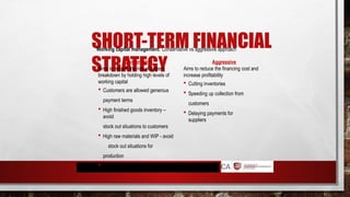 SHORT-TERM FINANCIAL
STRATEGY
Working capital management: Conservative vs aggressive approach
Conservative
Aims to reduce the risk of system
breakdown by holding high levels of
working capital
 Customers are allowed generous
payment terms
 High finished goods inventory –
avoid
stock out situations to customers
 High raw materials and WIP - avoid
stock out situations for
production
 Prompt payment for suppliers
Aggressive
Aims to reduce the financing cost and
increase profitability
 Cutting inventories
 Speeding up collection from
customers
 Delaying payments for
suppliers
 