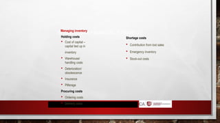 SHORT-TERM FINANCIAL STRATEGY
Managing inventory
Holding costs
 Cost of capital –
capital tied up in
inventory
 Warehouse/
handling costs
 Deterioration/
obsolescence
 Insurance
 Pilferage
Procuring costs
 Ordering costs
 Delivery costs
Shortage costs
 Contribution from lost sales
 Emergency inventory
 Stock-out costs
 