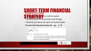 SHORT-TERM FINANCIAL
STRATEGY
Managing Accounts Payable
 Attempting to obtain satisfactory credit from suppliers
 Attempting extend credit during periods of cash shortages
 Maintaining good relations with regular and important suppliers
The cost of lost early payment discounts – (eg. - p. 133
 