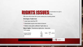 RIGHTS ISSUES
Rights issues – raising of new capital by giving existing shareholders the right to
subscribe to new shares in proportion to their current holdings.
Offer price will be lower than current market price of existing shares
Advantages of rights issue
 Lower issue costs than IPO
 Shareholders acquire more shares at discount
 Relative voting rights unaffected if rights taken up
Value of rights - Theoretical ex-rights price – Issue price
 