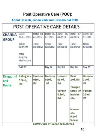 10
Post Operative Care (POC):
Abdul Haseeb, Jahan Zaib and Hasnain did POC
 