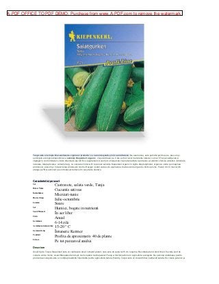 A-PDF OFFICE TO PDF DEMO: Purchase from www.A-PDF.com to remove the watermark




           Tanya este un simplu liber-castravete, viguros si productiv, cu o aromă uşoară şi nici o amărăciune. De asemenea, este potrivita pentru sere, precum şi
           seminţele ecologice disponibile.La seminţe Kiepenkerl organic , vă puteţi baza pe. Care au fost soiuri rezistente natural, cum ar fi Tanja castravete a
           câştigat în conformitate cu liniile directoare ale CE Eco-regulament. Acest lucru înseamnă că producţia fără o protecţie a culturilor chimice sintetice, fertilizare
           naturala, rotaţia diverse, culturilor larg, nu colorare chimică. Ei recunosc seminţe Kiepenkerl organic în sigiliu dreptunghiular, organice verde pe imaginea
           produsului, precum şi în descrierea produsului nostru. Desigur, puteţi vedea, de asemenea, toate soiurile organice dintr-o privire. Faceţi clic în meniul din
           stanga pe "Bio-seminţe" sau introduceţi termenul în caseta de căutare.




           Caracteristici pe scurt
           Soi
                                    Castravete, salata verde, Tanja
           Boţan. Nume
                                    Cucumis sativus
           Însămânţare
                                    Miercuri-iunie
           Harvest timp
                                    Iulie-octombrie
           Lumina
                                    Soare
           Sol
                                    Humici, bogate in nutrienti
           Saat-/Pflanzort
                                    În aer liber
           Ciclu
                                    Anual
           Germinare
                                    6-14 zile
           Germinarea temperatura
                                    15-20 ° C
           Germeni de tip
                                    Întuneric Keimer
           Conţinut
                                    Profita de aproximativ 40 de plante
           Livrare
                                    Pe tot parcursul anului
           Descriere
           Acest tip de Tanya Kiepenkerl este un castravete amar complet gratuit, care este de pana la 35 cm lungime. Recoltate atunci când tineri, fructele sunt de
           culoare verde închis. Acest Biosaatsorte robust, de încredere de Kiepenkerl Tanja a funcţionat bine în agricultura ecologică. De seminţe sănătoase pentru
           producţia ecologică este o condiţie prealabilă importantă pentru agricultură natura-friendly. Tanya este un dovedit liber castraveti salata. Ea creste puternic şi
 