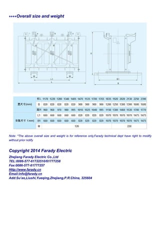 ++++Overall size and weight
Note: *The above overall size and weight is for reference only,Farady technical dept have right to modify
without prior notify
Copyright 2014 Farady Electric
Zhejiang Farady Electric Co.,Ltd
TEL:0086-577-61722510/61777258
Fax:0086-577-61777257
Http://www.farady.cn
Email:info@farady.cn
Add:Su’ao,Liushi,Yueqing,Zhejiang,P.R.China, 325604
 