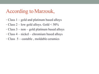 According toMarzouk,
• Class 1 – gold and platinum based alloys
• Class 2 – low gold alloys. Gold < 50%
• Class 3 – non – gold platinum based alloys
• Class 4 – nickel – chromium based alloys
• Class 5 – castable , moldable ceramics
 