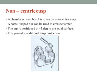 Non – centriccusp
• A chamfer or long bevel is given on non-centriccusp.
• A barrel shaped bur can be used to createchamfer.
• The bur is positioned at 45 deg to the axial surface.
• This provides additional cusp protection.
 