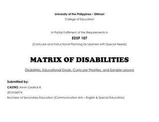University of the Philippines – Diliman
                                           College of Education



                                In Partial Fulfillment of the Requirements in

                                                EDSP 107
                  (Curricular and Instructional Planning for Learners with Special Needs)




                MATRIX OF DISABILITIES
             Disabilities, Educational Goals, Curricular Priorities, and Sample Lessons


Submitted by:
CASTRO, Kevin Cedrick R.
2010-06974
Bachelor of Secondary Education (Communication Arts – English & Special Education)
 
