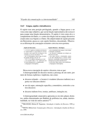 "O poder da comunicação e a intertextualidade" 143
3.6.5 Língua, sujeito e intradiscurso
O sujeito tem uma posição privilegiada, quando a língua passa a ser
vista como algo subjetivo, que sai da função representativa (de nomear)
para ocupar uma função demonstrativa. O sujeito é visto como ele e o
complemento do Outro, e o centro da relação está no espaço discursivo
criado entre esse Sujeito e o Outro. Da subjetividade do sujeito presente
em Benveniste, passa-se a um sujeito histórico, descentrado. Observe-
se as diferenças de concepção existentes com essa nova postura:
Sujeito de Benveniste Sujeito Histórico – Ideológico
– o "eu"só é sujeito na instância do discurso
(a "subjetividade é a capacidade de o locutor
se propor como sujeito do seu discurso e ela
se funda no exercício da língua."129)
– um "eu"homogêneo, único e que se consti-
tui quando interage com um "tu"
– "eu"e "tu"se opõem à não-pessoa (o ele)
– o eu ascende sobre o "tu", ainda que esse
"tu"seja indispensável e complementar
– a linguagem é homogênea
– um ser projetado num espaço e num tempo
e orientado socialmente
– seu discurso é projetado em relação aos
discursos do outro
– esse outro envolve o destinatário, ajusta
a sua fala (intradiscurso) e envolve outros
discursos constituídos historicamente e que
emergem de sua fala (interdiscurso)
– na sua fala, falam outras vozes (polifonia)
– a linguagem é heterogênea
Dessa nova concepção de sujeito e discurso, tem-se que:
A heterogeneidade do discurso mostra a presença de um outro, por
meio de formas explícitas e implícitas, tais como:
• discurso relatado – o locutor é o tradutor (discurso indireto) ou o
porta-voz (discurso direto)
• uso de aspas, entonação especíﬁca, comentários, remissões a ou-
tros discursos
• discurso indireto livre, ironias, antífrases, imitações etc.
A heterogeneidade enunciativa apresenta-se em dois planos distin-
tos, ambos denominados por Bakhtin de polifonia (ou, ainda, intertex-
tualidade, na visão de outros autores)130
:
129
BRANDÃO, Helena H. Nagamine. Introdução à Análise do Discurso, 1999, p.
46.
130
PINTO, Milton José. Comunicação e Discurso – Introdução à Análise de Discur-
sos, 1999.
www.labcom.ubi.pt
 