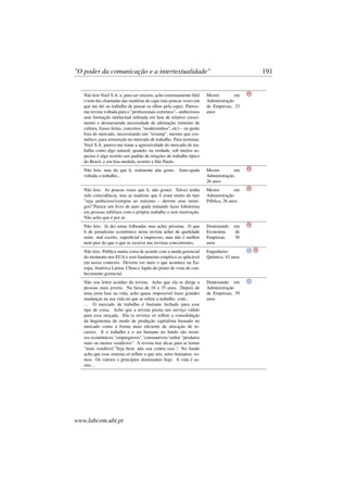 "O poder da comunicação e a intertextualidade" 191
Não leio Você S.A. e, para ser sincero, acho extremamente fútil
o tom das chamadas das matérias de capa (nas poucas vezes em
que me dei ao trabalho de passar os olhos pela capa). Parece-
me revista voltada para o "proﬁssionais extremos"– ambiciosos
sem formação intelectual reﬁnada em fase de relativo cresci-
mento e desmesurada necessidade de aﬁrmação (mínimo de
cultura, frases feitas, conceitos "moderninhos", etc) – ou gente
fora do mercado, necessitando um "revamp", mesmo que cos-
mético, para reinserção no mercado de trabalho. Para terminar,
Você S.A. parece-me tratar a agressividade do mercado de tra-
balho como algo natural, quando, na verdade, sob muitos as-
pectos é algo restrito um padrão de relações de trabalho típico
do Brasil, e em boa medida, restrito a São Paulo.
Mestre em
Administração
de Empresas, 33
anos
Não leio, mas do que li, realmente não gosto. Auto-ajuda
voltada a trabalho...
Mestre em
Administração,
26 anos
Não leio. As poucas vezes que li, não gostei. Talvez tenha
sido coincidência, mas as matérias que li eram muito do tipo
"seja ambicioso!compita ao máximo – derrote seus inimi-
gos!"Parece um livro de auto ajuda tentando fazer lobotomia
em pessoas infelizes com o próprio trabalho e sem motivação.
Não acho que é por aí.
Mestre em
Administração
Pública, 26 anos
Não leio. Já dei umas folheadas mas achei péssima. O que
li de jornalismo econômico nesta revista achei de qualidade
ruim: mal escrito, superﬁcial e impreciso, mas não é melhor
nem pior do que o que se escreve nas revistas concorrentes.
Doutorando em
Economia de
Empresas, 30
anos
Não leio. Publica muita coisa de acordo com a moda gerencial
do momento nos EUA e sem fundamento empírico se aplicável
em nosso contexto. Deveria ver mais o que acontece na Eu-
ropa, América Latina, China e Japão do ponto de vista de con-
hecimento gerencial.
Engenheiro
Químico, 43 anos
Não sou leitor assíduo da revista. Acho que ela se dirige a
pessoas mais jovens. Na faixa de 16 a 35 anos. Depois de
uma certa fase na vida, acho quase impossível fazer grandes
mudanças na sua vida no que se refere a trabalho. cont.:
... O mercado de trabalho é bastante fechado para esse
tipo de coisa. Acho que a revista presta um serviço válido
para essa moçada. Ela (a revista) só reﬂete a consolidação
da hegemonia do modo de produção capitalista baseado no
mercado como a forma mais eﬁciente de alocação de re-
cursos. E o trabalho e o ser humano no fundo são recur-
sos econômicos "empregáveis","consumíveis"enﬁm "produtos
mais ou menos vendáveis". A revista traz dicas para se tornar
"mais vendável."Veja bem, não sou contra isso ! No fundo
acho que esse sistema só reﬂete o que nós, seres humanos, so-
mos. Os valores e princípios dominantes hoje. A vida é as-
sim...
Doutorando em
Administração
de Empresas, 39
anos
www.labcom.ubi.pt
 