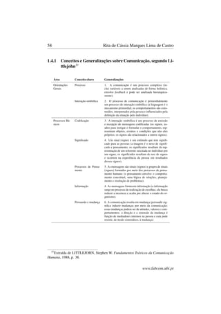 58 Rita de Cássia Marques Lima de Castro
1.4.1 Conceitos e Generalizações sobre Comunicação, segundo Li-
ttlejohn37
Área Conceito-chave Generalizações
Orientações
Gerais
Processo 1. A comunicação é um processo complexo (in-
clui variáveis a serem analisadas de forma holística,
envolve feedback e pode ser analisada hierarquica-
mente).
Interação simbólica 2. O processo de comunicação é primordialmente
um processo de interação simbólica (a linguagem é o
mecanismo primordial; os comportamentos são cons-
truídos, interpretados pela pessoa e inﬂuenciados pela
deﬁnição da situação pelo indivíduo).
Processos Bá-
sicos
Codiﬁcação 3. A interação simbólica é um processo de emissão
e recepção de mensagens codiﬁcadas (os signos, us-
ados para instigar e formular o comportamento, rep-
resentam objetos, eventos e condições que não eles
próprios; os signos são relacionados a outros signos).
Signiﬁcado 4. Um sinal (signo) é um estímulo que tem signiﬁ-
cado para as pessoas (a imagem é o nexo de signiﬁ-
cado e pensamento; os signiﬁcados resultam da rep-
resentação de um referente suscitada no indivíduo por
um signo; os signiﬁcados resultam do uso de signos
e ocorrem na experiência da pessoa em resultados
desses signos).
Processos de Pensa-
mento
5. As mensagens são sinais (signos) e grupos de sinais
(signos) formados por meio dos processos de pensa-
mento humano (o pensamento envolve o comporta-
mento conceitual, uma lógica de relações, planeja-
mento e resolução de problemas).
Informação 4. As mensagens fornecem informação (a informação
surge no processo de realização de escolhas; ela busca
reduzir a incerteza e acaba por alterar o estado do or-
ganismo).
Persuasão e mudança 6. A comunicação resulta em mudança (persuadir sig-
niﬁca induzir mudanças por meio da comunicação;
essas mudanças podem ser de atitudes, valores e com-
portamentos; a direção e a extensão da mudança é
função de mediadores internos na pessoa e esta pode
resistir, de modo sistemático, à mudança)
37
Extraída de LITTLEJOHN, Stephen W. Fundamentos Teóricos da Comunicação
Humana, 1988, p. 38.
www.labcom.ubi.pt
 