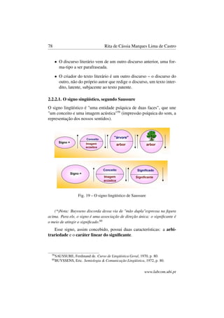 78 Rita de Cássia Marques Lima de Castro
• O discurso literário vem de um outro discurso anterior, uma for-
ma-tipo a ser parafraseada.
• O criador do texto literário é um outro discurso – o discurso do
outro, não do próprio autor que redige o discurso, um texto inter-
dito, latente, subjacente ao texto patente.
2.2.2.1. O signo singüístico, segundo Saussure
O signo lingüístico é "uma entidade psíquica de duas faces", que une
"um conceito e uma imagem acústica"59
(impressão psíquica do som, a
representação dos nossos sentidos).
Fig. 19 – O signo lingüístico de Saussure
(*)Nota: Buyssens discorda dessa via de "mão dupla"expressa na ﬁgura
acima. Para ele, o signo é uma associação de direção única: o signiﬁcante é
o meio de atingir o signiﬁcado.60
Esse signo, assim concebido, possui duas características: a arbi-
trariedade e o caráter linear do signiﬁcante.
59
SAUSSURE, Ferdinand de. Curso de Lingüística Geral, 1970, p. 80.
60
BUYSSENS, Eric. Semiologia & Comunicação Lingüística, 1972, p. 80.
www.labcom.ubi.pt
 
