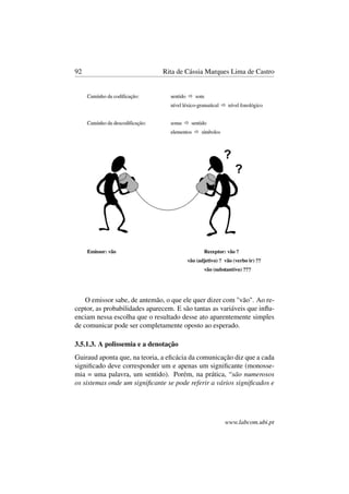 92 Rita de Cássia Marques Lima de Castro
O emissor sabe, de antemão, o que ele quer dizer com "vão". Ao re-
ceptor, as probabilidades aparecem. E são tantas as variáveis que inﬂu-
enciam nessa escolha que o resultado desse ato aparentemente simples
de comunicar pode ser completamente oposto ao esperado.
3.5.1.3. A polissemia e a denotação
Guiraud aponta que, na teoria, a eﬁcácia da comunicação diz que a cada
signiﬁcado deve corresponder um e apenas um signiﬁcante (monosse-
mia = uma palavra, um sentido). Porém, na prática, “são numerosos
os sistemas onde um signiﬁcante se pode referir a vários signiﬁcados e
www.labcom.ubi.pt
 