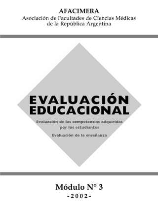 AFACIMERA
Asociación de Facultades de Ciencias Médicas
         de la República Argentina




  E VALUACIÓN
  EDUCACIONAL
     Evaluación de las competencias adquiridas
                por los estudiantes

            Evaluación de la enseñanza




              Módulo N° 3
                   -2002-
 