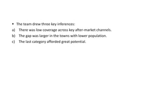  The team drew three key inferences:
a) There was low coverage across key after-market channels.
b) The gap was larger in the towns with lower population.
c) The last category afforded great potential.
 