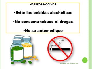 HÁBITOS NOCIVOS
•Evite las bebidas alcohólicas
•No consuma tabaco ni drogas
•No se automedique
Imágenes: http://pixabay.com
 