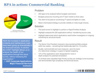 RPA in action: Commercial Banking
                                                     Problem
                                                        200 apps to be analyzed before budgets submission.
                Very High
                  14.6%                                 Budgets pressures mounting and IT team needs to show value.
     High
     14.1%
                                        Acceptable
                                                        The client is focused on scrutinizing IT spend and lights-on costs.
                                          56.5%
       Low                                              Need a fact-based strategy to provide visibility to make tough choices.
      14.8%

                                                     Solution
                  Structural Quality Risk
                                                        The bank turned to Highlight to perform a Rapid Portfolio Analysis.
             as a Percentage of the Portfolio
                                                        Highlight analyzed the 200 applications without transferring source code.
                                                        Highlight determined which applications need further investigation or ongoing
                                                         monitoring for structural issues.

"Both the increase in application                    Result
incidents and maintenance costs
                                                        The Senior Vice President received a documented portfolio analysis
have been going up dramatically in                       within two weeks – something that traditionally take 6 to 12 months.
the financial industry. A solution
                                                        Quality, technical debt and size measures were the basis
like CAST Highlight allows us to                         of a data-driven strategy in support of global budgeting.
analyze the health of our
                                                        12% of the applications were designated for more in
applications through the cloud
                                                         depth analysis for potential remediation
quickly, without stressing the
organization."                                          10 of these were classified High Priority as they are strategic to the business
   – SVP Corporate Applications,                         and demonstrated high complexity and technical issues.
         Major Financial Services
                          Institution

CAST Confidential                                                11
 