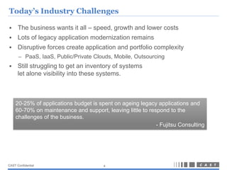 Today’s Industry Challenges

     The business wants it all – speed, growth and lower costs
     Lots of legacy application modernization remains
     Disruptive forces create application and portfolio complexity
      – PaaS, IaaS, Public/Private Clouds, Mobile, Outsourcing
     Still struggling to get an inventory of systems
      let alone visibility into these systems.



    20-25% of applications budget is spent on ageing legacy applications and
    60-70% on maintenance and support, leaving little to respond to the
    challenges of the business.
                                                            - Fujitsu Consulting




CAST Confidential                      4
 