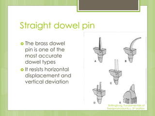 Straight dowel pin
 The brass dowel
pin is one of the
most accurate
dowel types
 It resists horizontal
displacement and
vertical deviation
Shillingburg, Fundamentals of
fixedproshodontics, 3rd edition
 