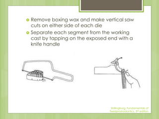  Remove boxing wax and make vertical saw
cuts on either side of each die
 Separate each segment from the working
cast by tapping on the exposed end with a
knife handle
Shillingburg, Fundamentals of
fixedproshodontics, 3rd edition
 