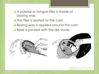  A palatal or tongue filler is made of
boxing wax.
 The filler is seated to the cast.
 Boxing wax is applied around the cast.
 Base is poured with the die stone.
Shillingburg, Fundamentals of
fixedproshodontics, 3rd edition
 