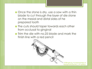  Once the stone is dry, use a saw with a thin
blade to cut through the layer of die stone
on the mesial and distal sides ...
