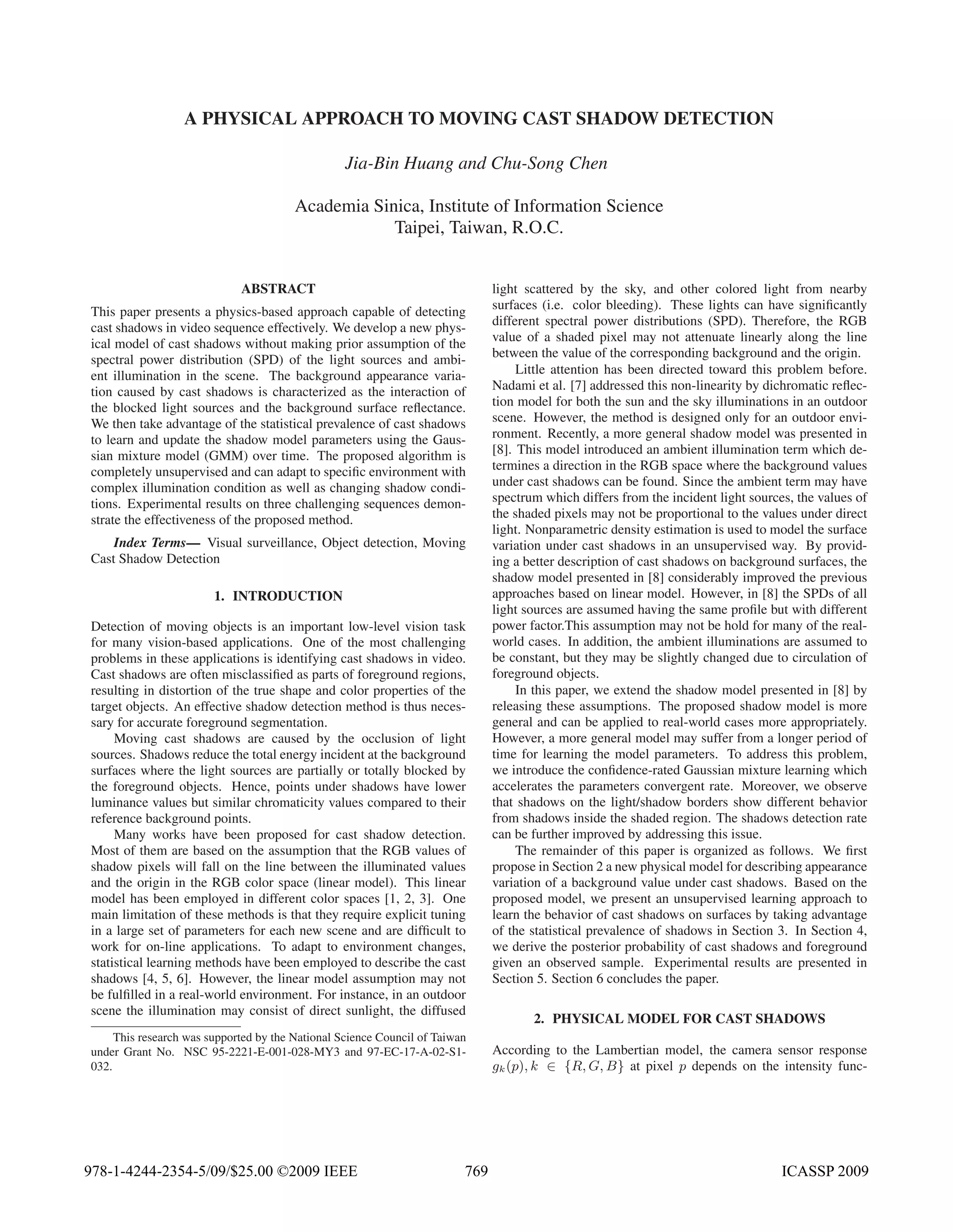 A Physical Approach to Moving Cast Shadow Detection (ICASSP 2009) | PDF