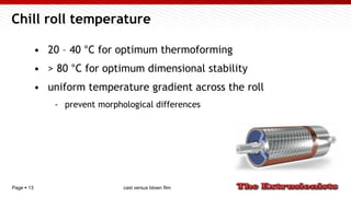 Page  13
Chill roll temperature
• 20 – 40 °C for optimum thermoforming
• > 80 °C for optimum dimensional stability
• uniform temperature gradient across the roll
- prevent morphological differences
cast versus blown film
 