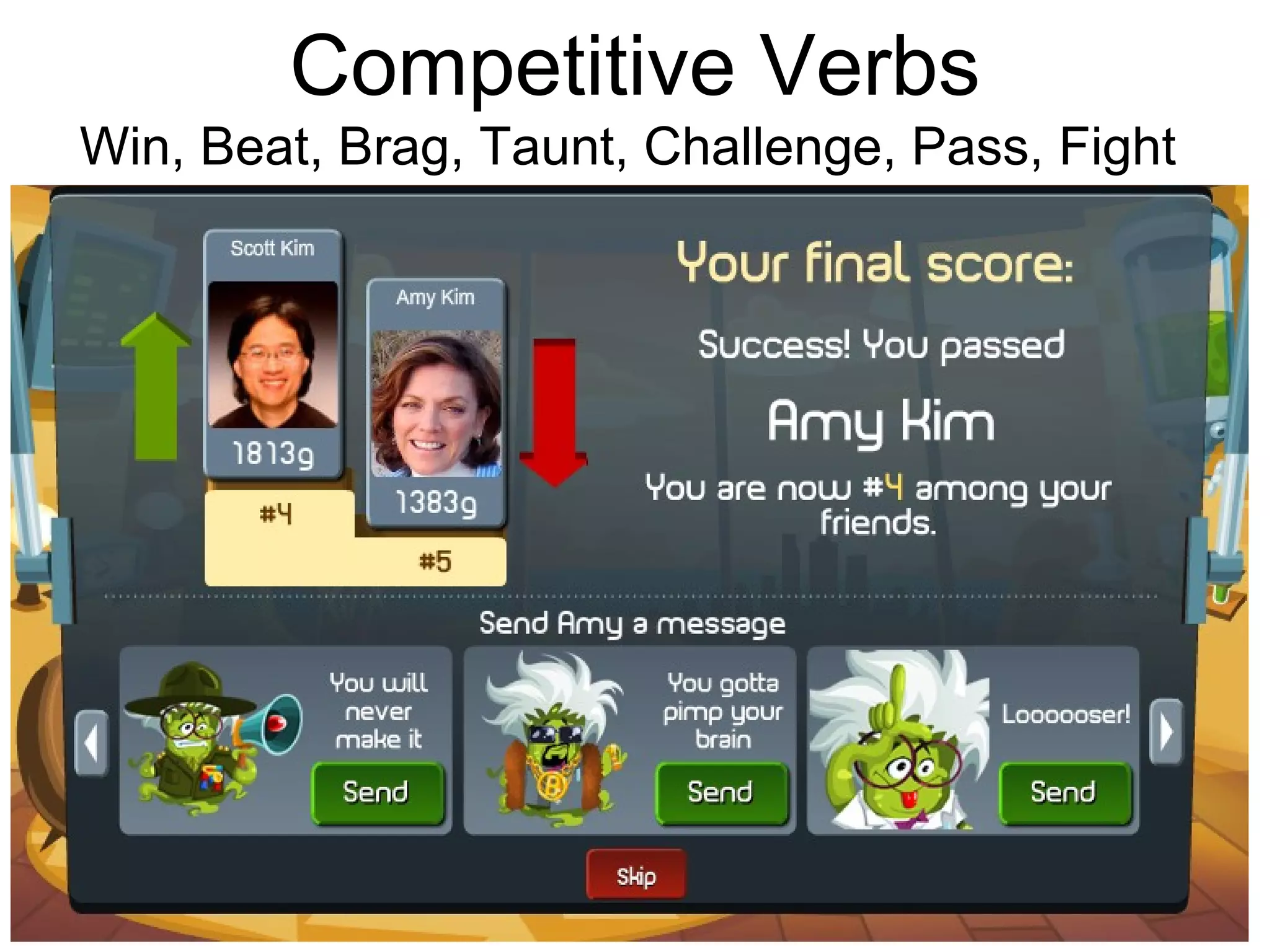Competitive Verbs Win, Beat, Brag, Taunt, Challenge, Pass, Fight  