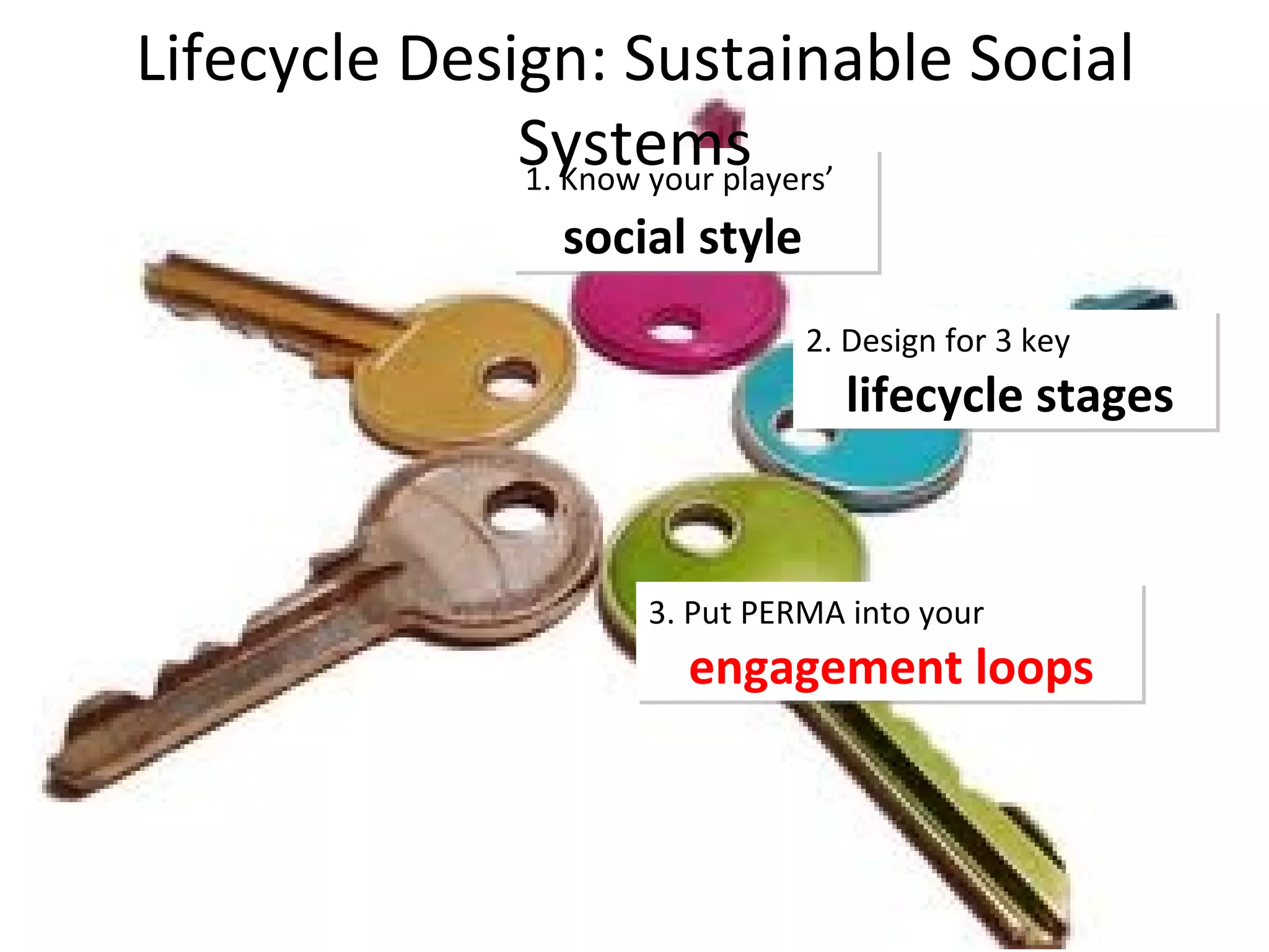 2. Design for 3 key lifecycle stages 1. Know your players’  social style Lifecycle Design: Sustainable Social Systems 3. Put PERMA into your engagement loops 