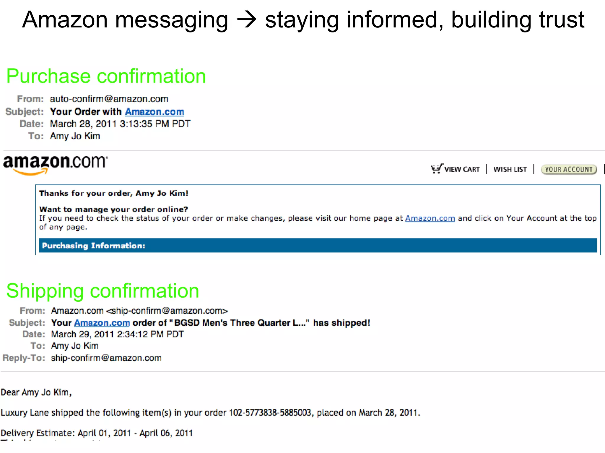 Amazon messaging    staying informed, building trust Shipping confirmation Purchase confirmation 