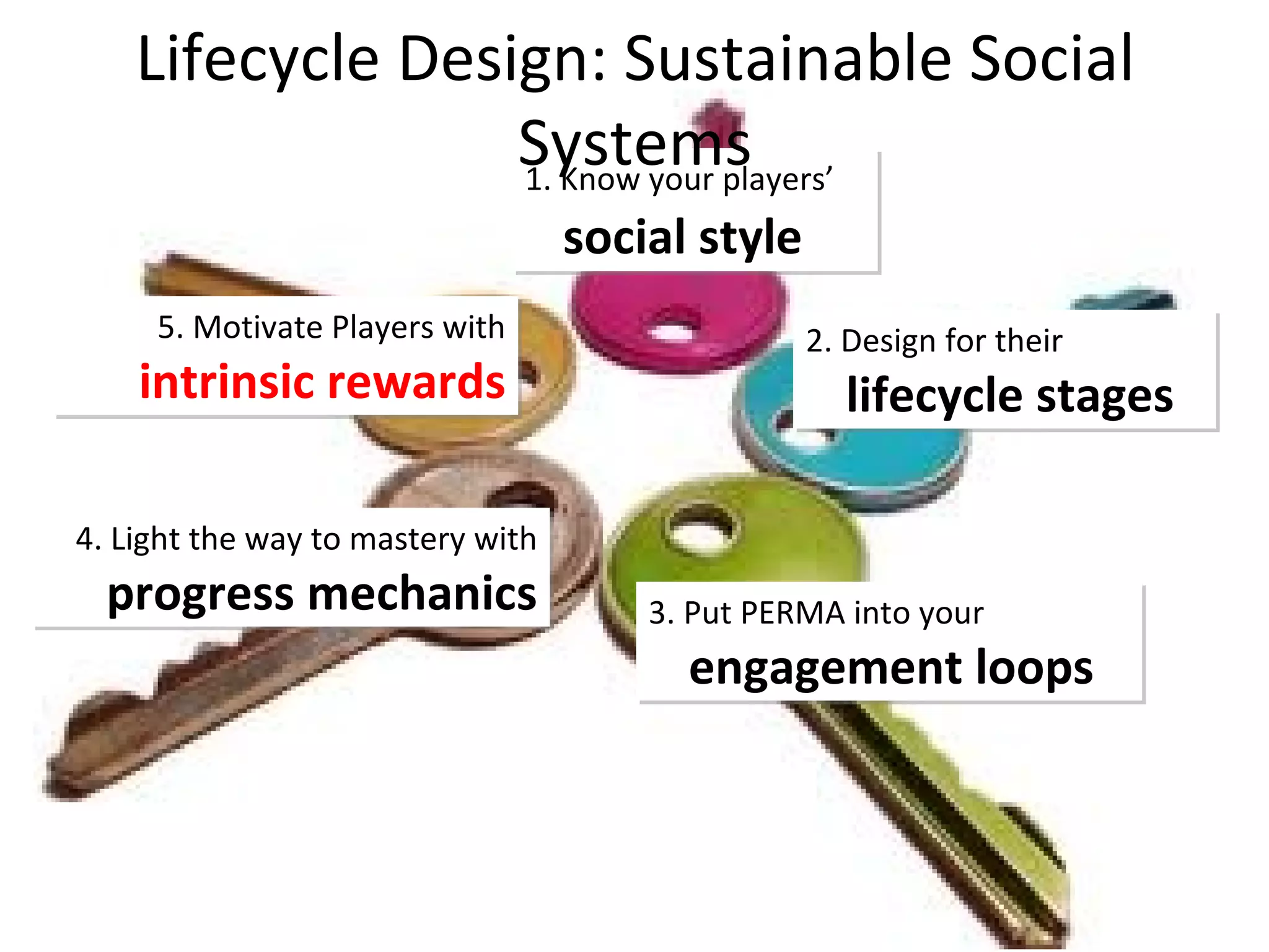 4. Light the way to mastery with progress mechanics 2. Design for their lifecycle stages 1. Know your players’  social style 5. Motivate Players with  intrinsic rewards Lifecycle Design: Sustainable Social Systems 3. Put PERMA into your engagement loops 