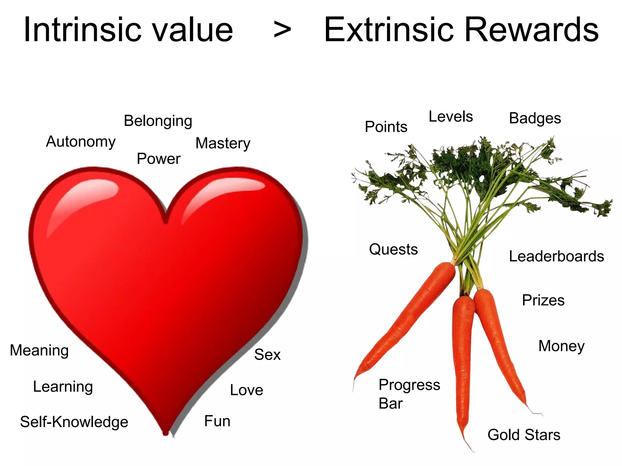 Autonomy Belonging Fun Self-Knowledge Mastery Power Love Prizes Points Levels  Leaderboards Badges Learning Quests Intrinsic value  >  Extrinsic Rewards Sex Meaning Gold Stars Progress Bar Money 
