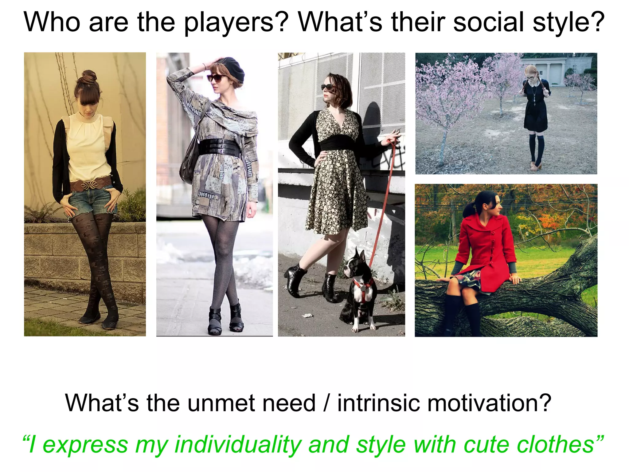 What’s their intrinsic motivation?  What’s the unmet need / intrinsic motivation?  “ I express my individuality and style with cute clothes”  Who are the players? What’s their social style? 