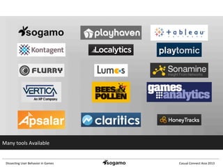 Dissec&ng	
  User	
  Behavior	
  in	
  Games	
   Casual	
  Connect	
  Asia	
  2013	
  
Many	
  tools	
  Available	
  
 