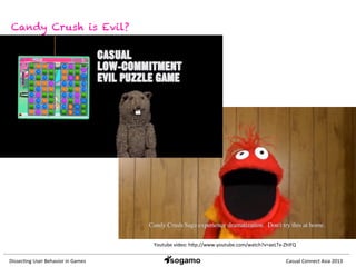 Dissec&ng	
  User	
  Behavior	
  in	
  Games	
   Casual	
  Connect	
  Asia	
  2013	
  
Candy Crush is Evil?
Youtube	
  video:	
  hQp://www.youtube.com/watch?v=aeLTx-­‐ZhlFQ	
  
 